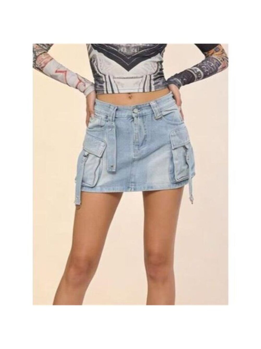 Washed Cargo Denim Skirt